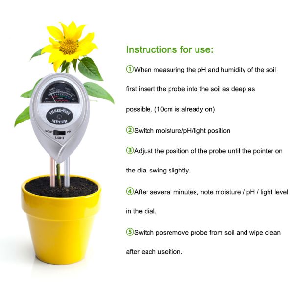 3 in 1 Soil PH Water Moisture Meter Acidity Humidity Sunlight Garden Plants Flowers Moist Tester Instrument Tool