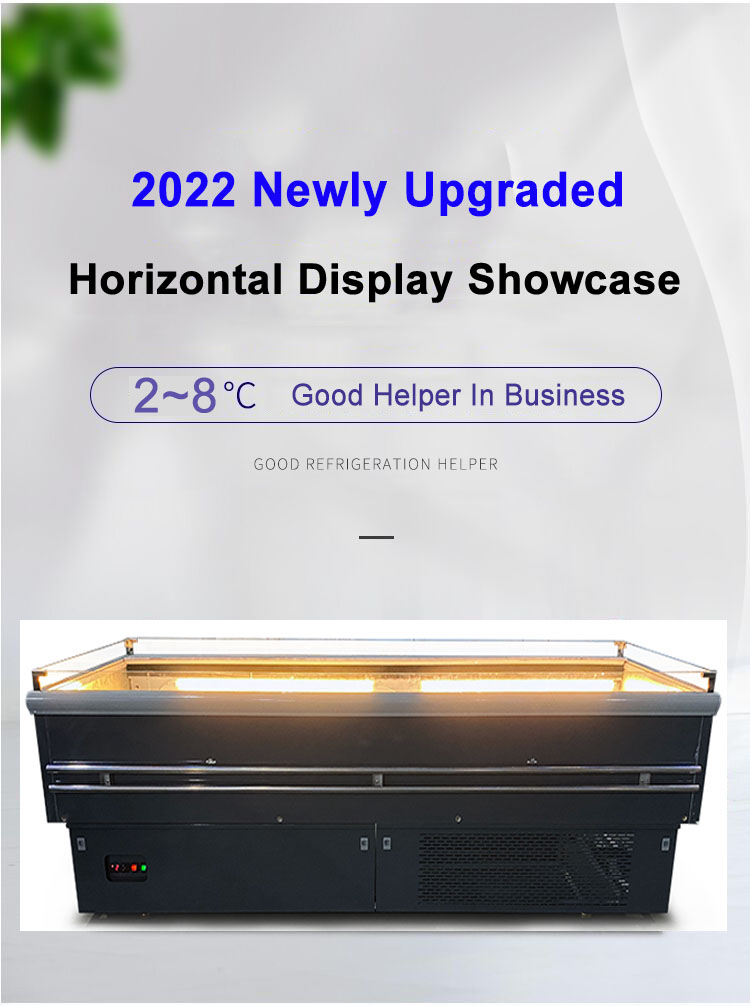Горизонтальная витрина еды гастронома напитка овоща плода дисплея замораживателя острова супермаркета