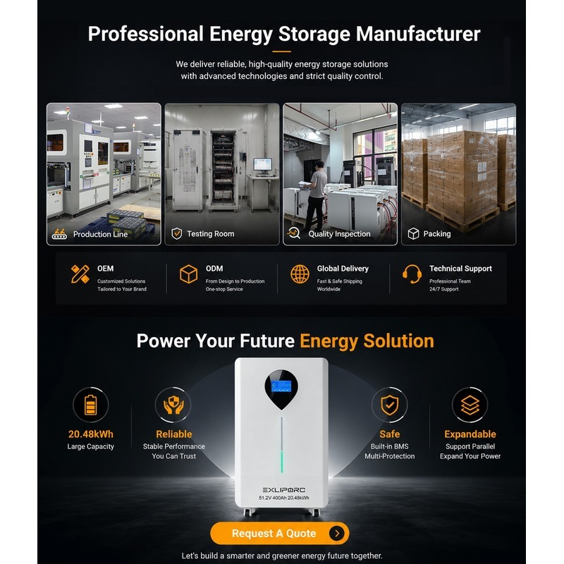EXLIPORC 20.48kWh 51.2V 400Ah LiFePO4 Home Battery (LVB20WTC) - Upgrade to 25% More Energy