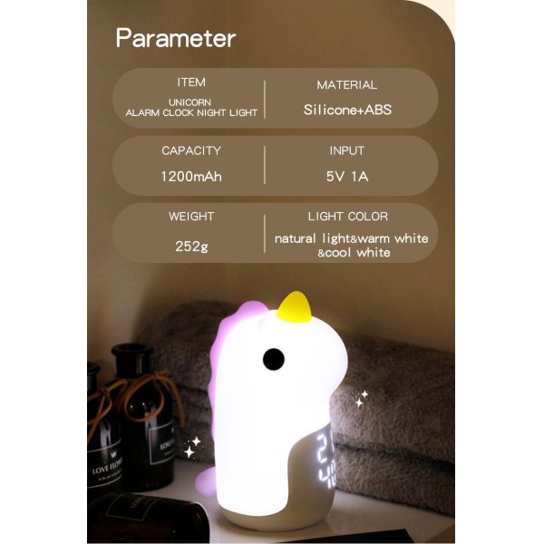 Mini Smart Unicorn Silicone Luz Noturna Alarme Relógio Suporte Dimmer Desenhos personalizados