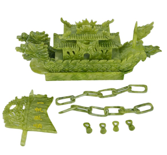 Crafted 28cm Chinese Good Luck Decoration Jade Stone Craft Dragon Boats for Ornament/Gift