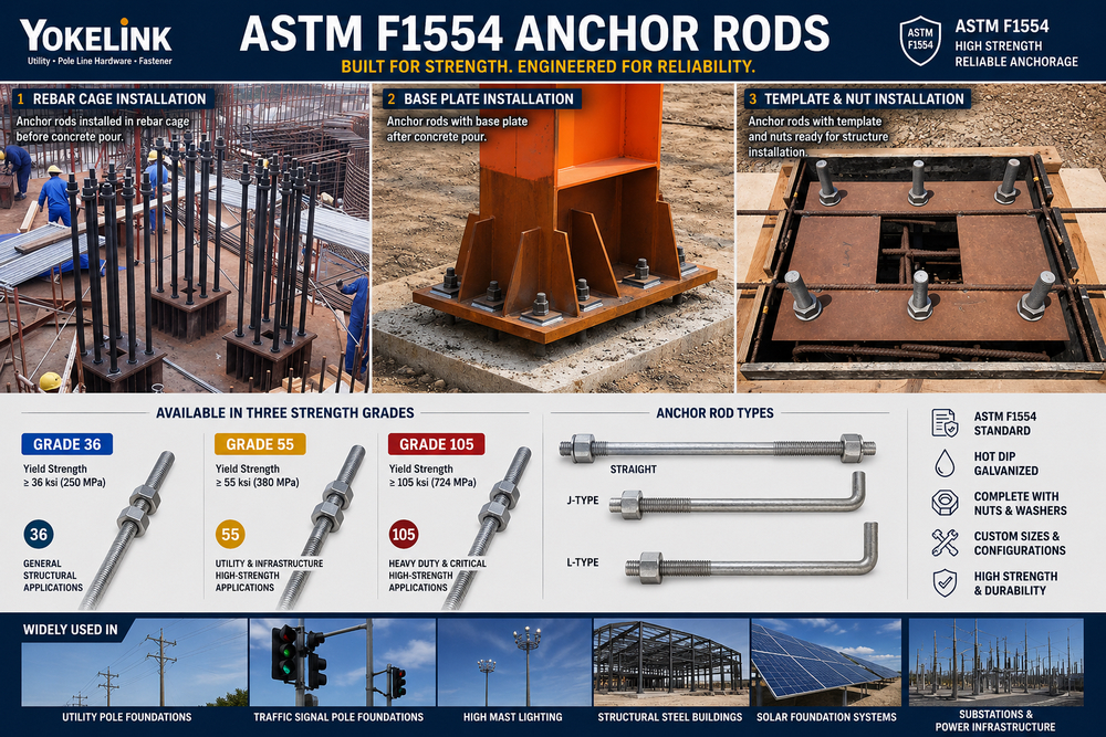ASTM F1554 Grade 55 Anchor Rods 3/4''–2 for Utility Pole Foundations