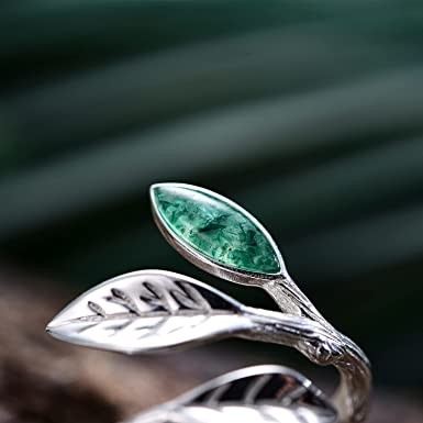 Natural Moss Agate Ring Set For Women Pear Shaped Gold Ring  For Women