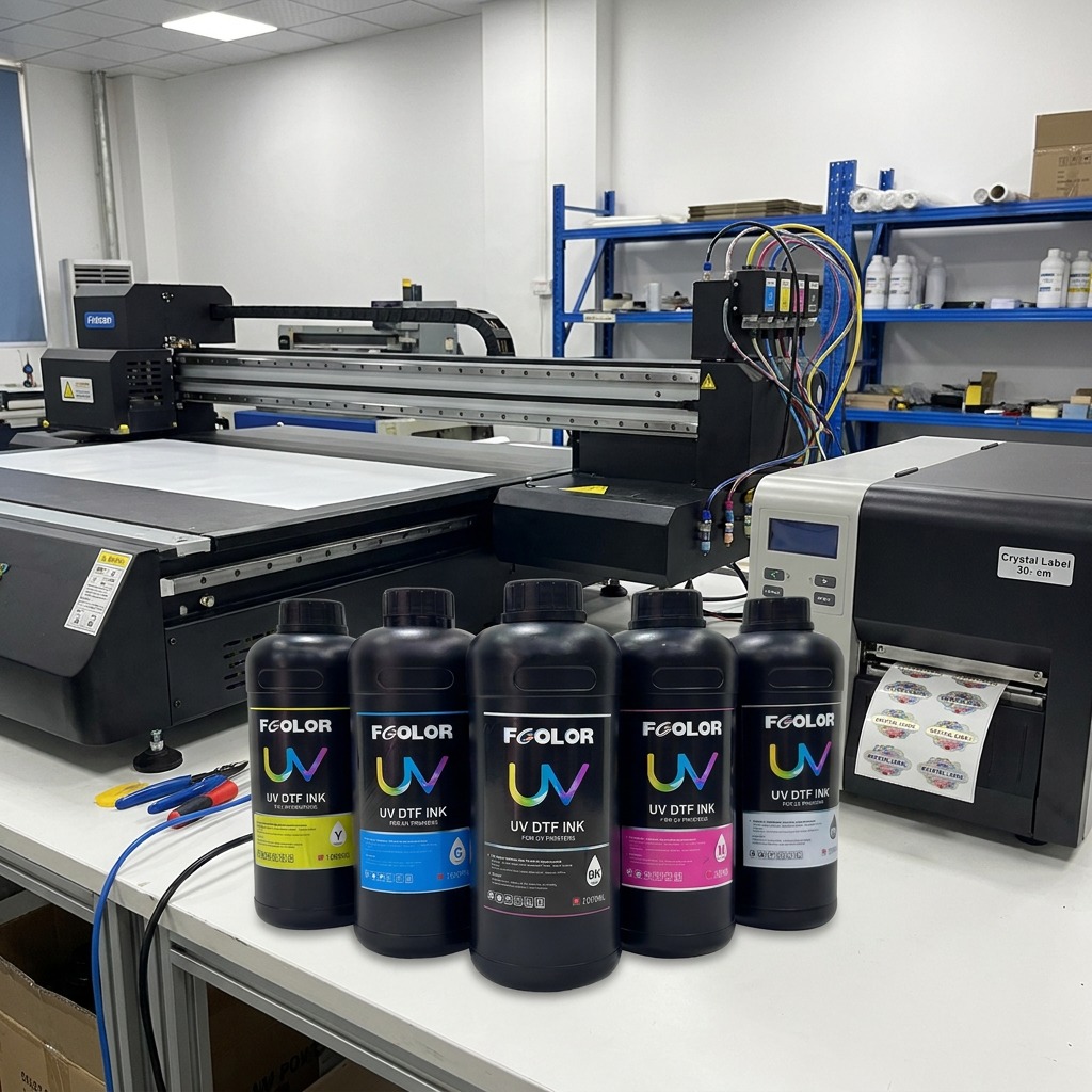 FCOLOR Odorless UV DTF Ink Set CMYK W Varnish for Epson I3200 XP600 I1600 Printer Crystal Sticker Transfer Film Printing 1000ml