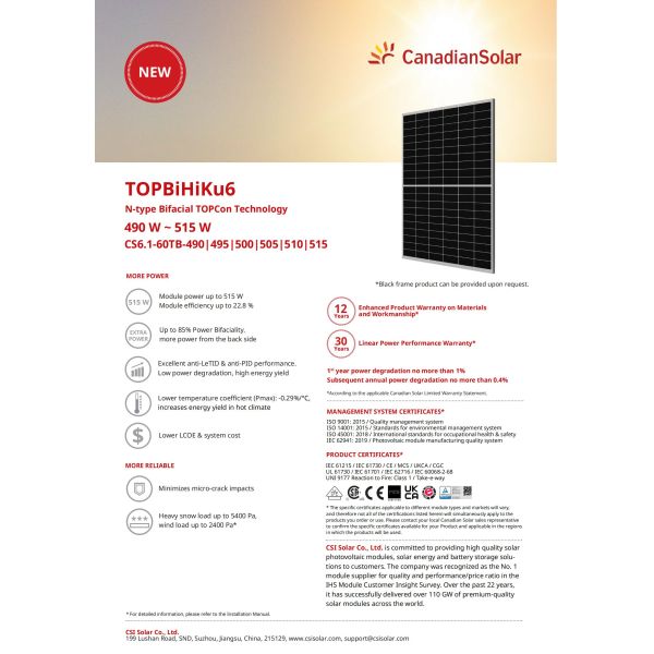 TOPBiHiKu6 CS6.1-60TB Solar PV Panels 490W-515W N-Type Bifacial Dual Glass Solar Module