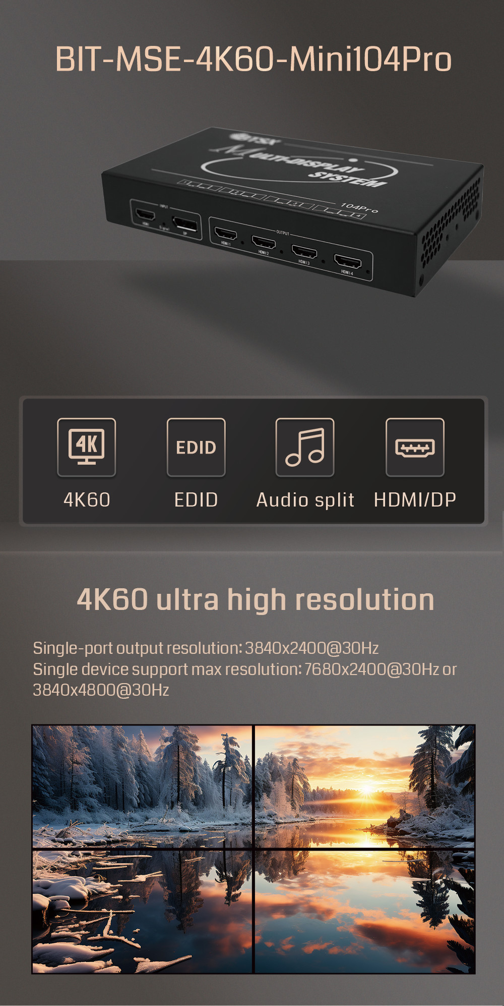 Процессор на стене 4K 1x1 1xN Mx1 для мультиканального проекционного слияния с 4 выходами HDMI