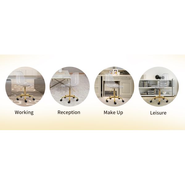 Clear Chair, Armless Acrylic Desk Chair with Golden Feet Swivel Molded Plastic Shell Chair Adjustable