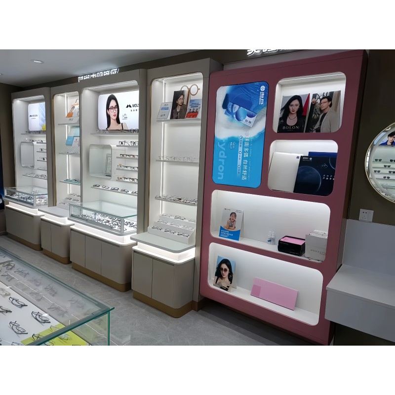 Optical Shop Sunglasses Display Cabinet LED Lit Eco-Friendly Heavy Duty Glass Shelf Retail Fixture Factory BaiXing Brand Direct