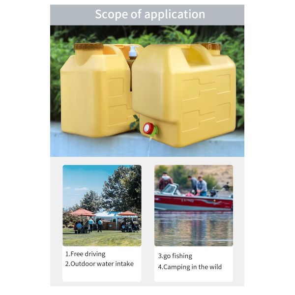 portable 30L plastic jerrycan HDPE 8 gallon water bucket with tap and liquid soap lotion bottle for outdoor car camping