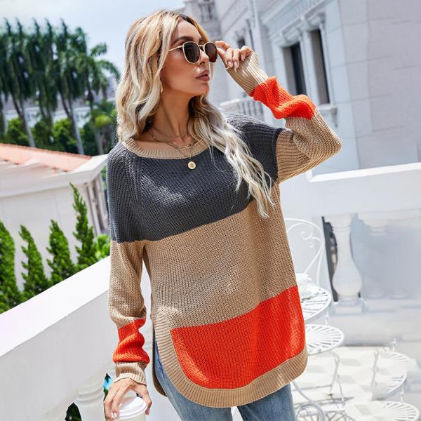 2024 Autumn and Winter New Women's Top Mid length High Split Contrast Color Pullover Long sleeved Sweater