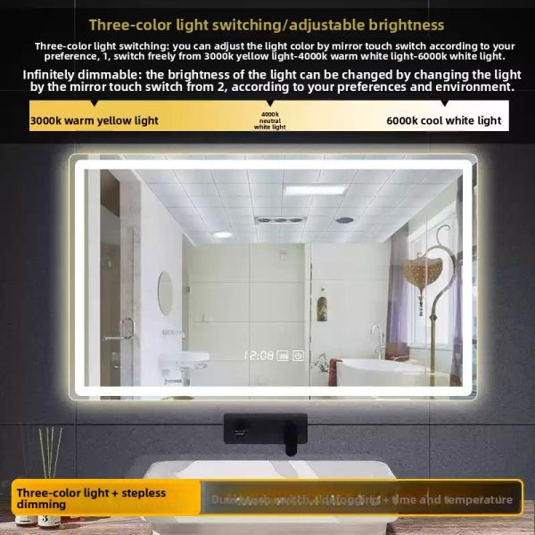 Modern Bathroom Rectangle Wall Mounted Smart Led Mirror With Time Display