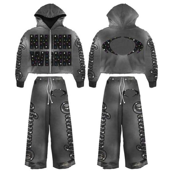 Custom Heavyweight Acid Wash Flared Sweatpants and Hoodie Sets Men Embroidery Streetwear Tracksuit Rhinestone Cropped Sweatsuit