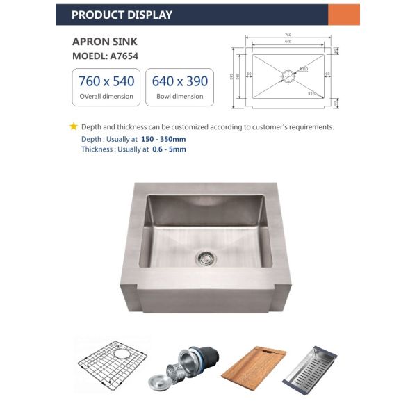 30 Inch Apron Stainless Steel Kitchen Sink Brushed 16 Gauge Single Bowl 76x54