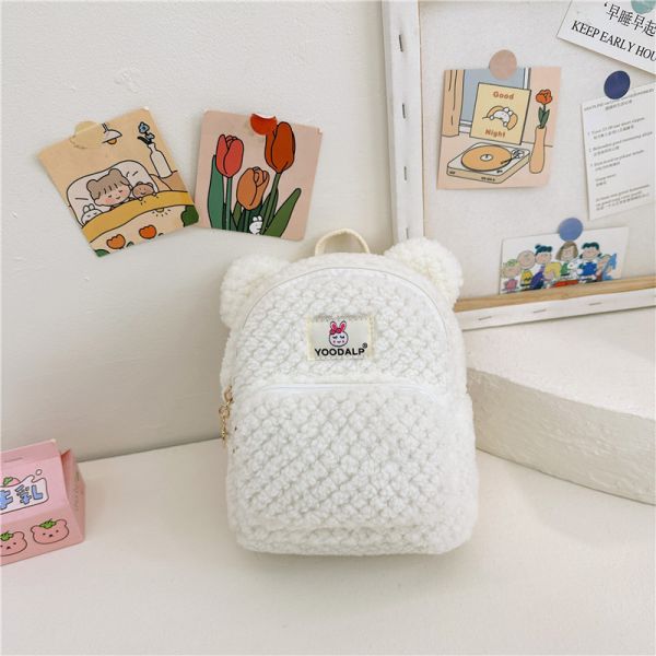 Furry Minnie Plush Children School Bag for Kids Bunny Backpack Pink Cartoon Mini Zipper Velvet Backpack
