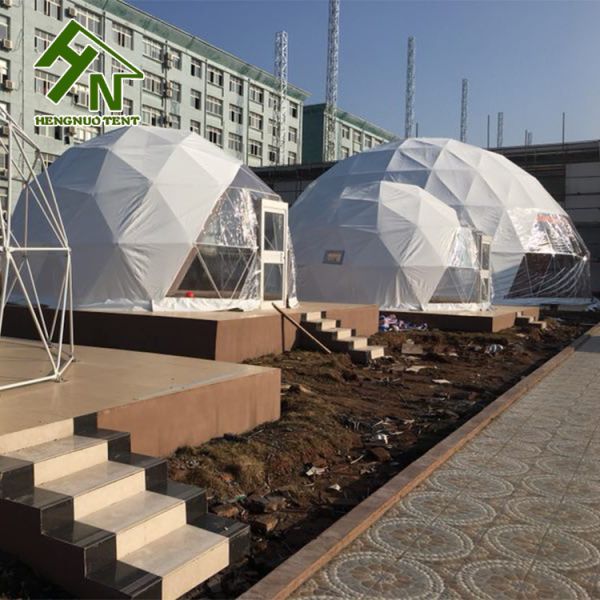White PVC Cover Steel Frame Geodesic Dome Tent With Bathroom Diameter 6m