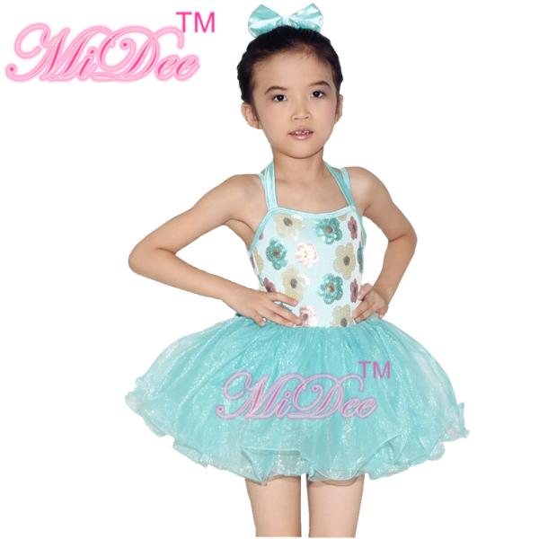 Floral Kids Dance Clothes Halter Neck Sequin Dress Tulle Tutu Skirt Attached