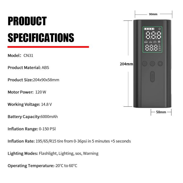 Digital Automobile Emergency Power Supply 6000mAh Portable Tire Inflators 0-150PSI With SOS Light