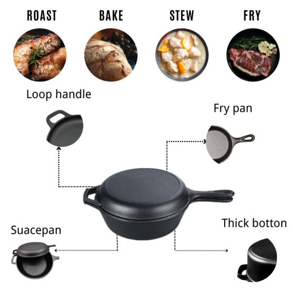 Pre Seasoned Cast Iron Casserole Frying Pan 2 In 1 10 Inch