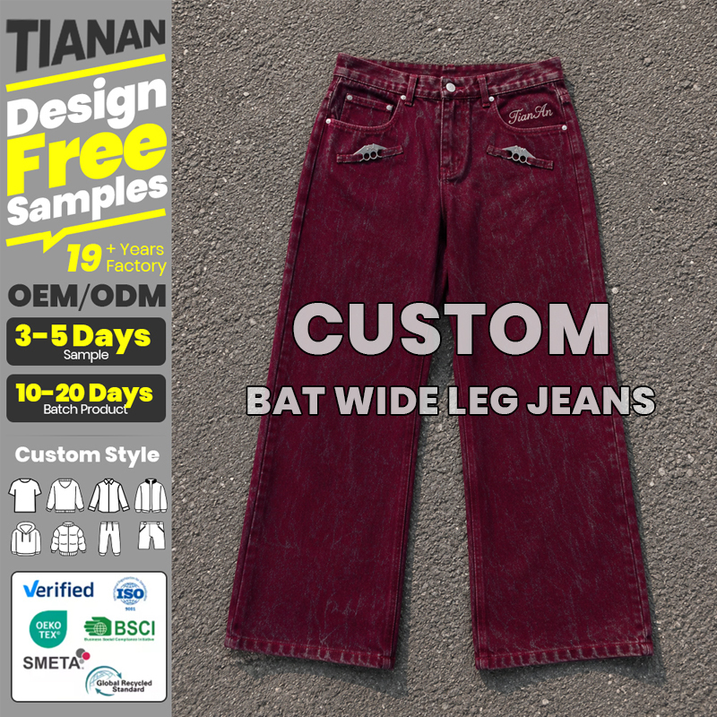 Burgundy Acid Wash Wide Leg Jeans | Bat Metal Pocket Detail Embroidered Denim Pants | Unisex Gothic Streetwear Trousers