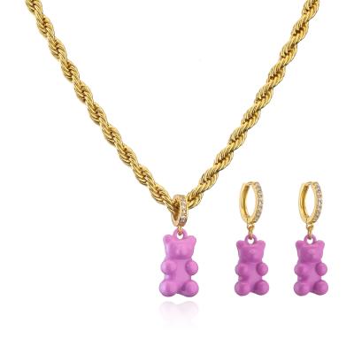 Brass Gold Plated Necklace And Earring Set Drip Oil Cute Teddy Bear Necklace