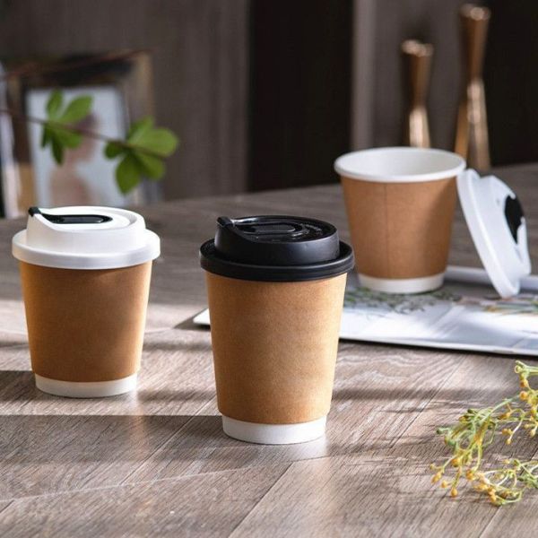 Cup with Lid Double Wall Kraft Paper Disposable Customized Design Full Size Coffee Cup