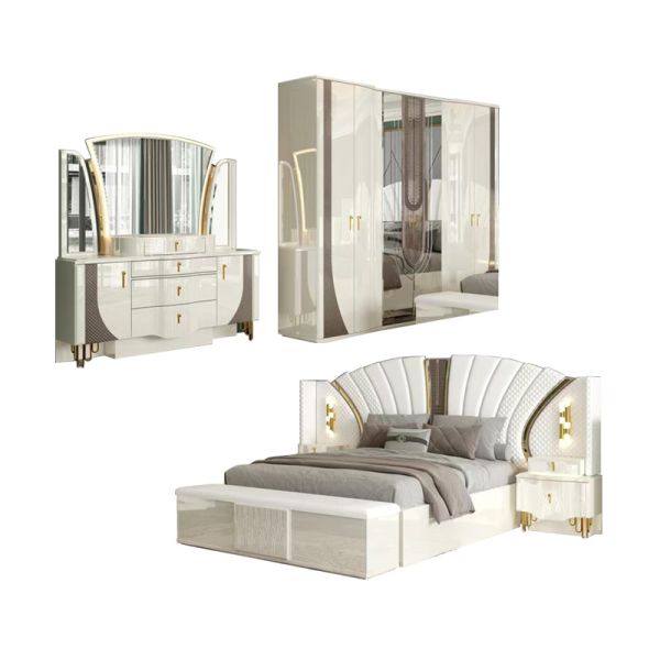 OEM en gros Blanc Royal Luxury Double lit King Size Chambre principale maison moderne cadre en bois ensemble de meubles de chambre complète