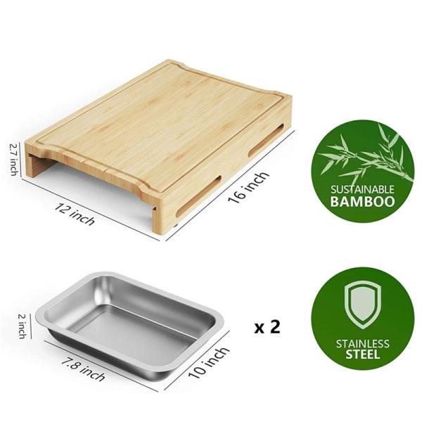 Tabuleiro de corte de bambu de cor natural, retangular, com bandeja e gavetas para cozinha