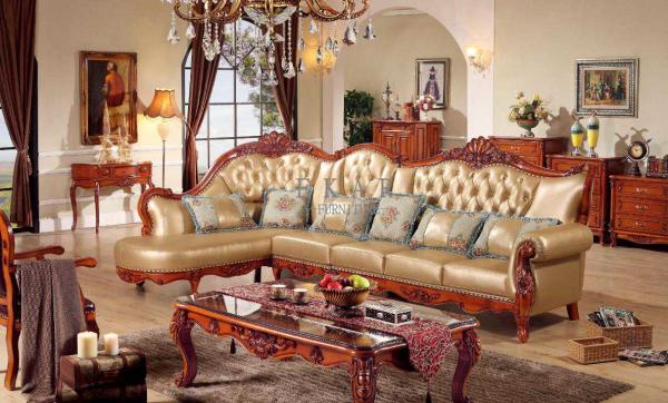 Corner Leather China Royal Wooden Sofa Set