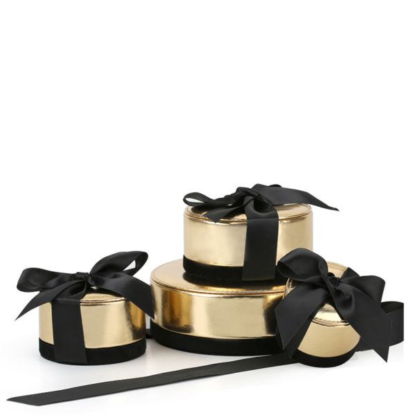 Round Champagne Gold Fancy Jewelry Box With Ribbon PU Leather Chipboard