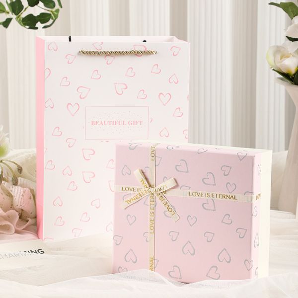 Gift Box Set Premium Heart Pattern Packaging Pink Box In Box Design Cosmetic Perfume Presentation Luxury Ribbon Accent
