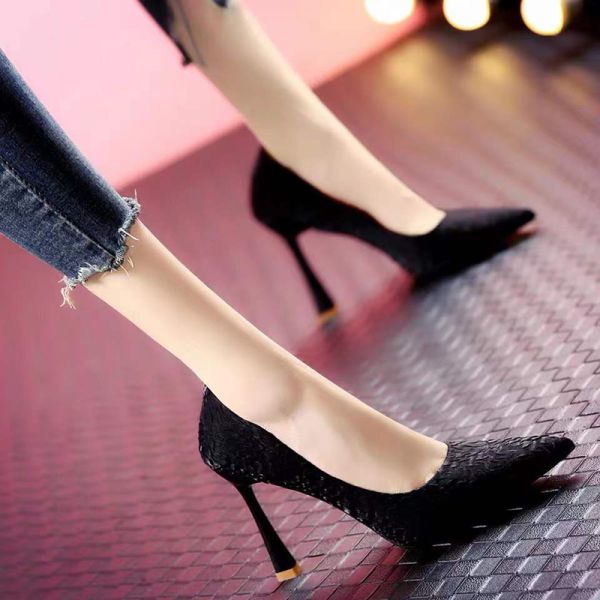 Microfiber Pointed Head Ladies Summer Pumps 8cm Thin Heel Rubber Casual