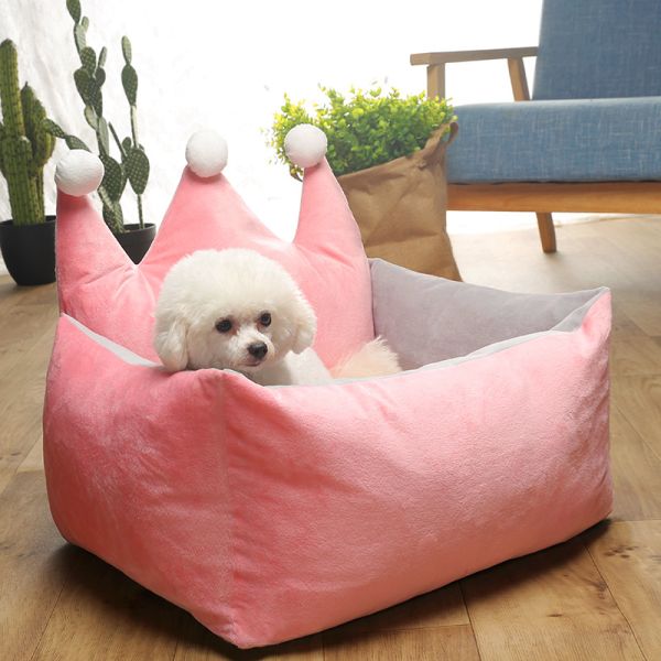 Short Plush Pink Grey Yellow Princess Dog Bed With Crown Shape