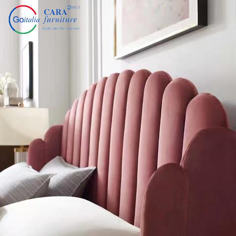 12287 Hot Selling Pink Fabric Wood Frame Metal Leg Bed Luxury Queen Size Bed Frames