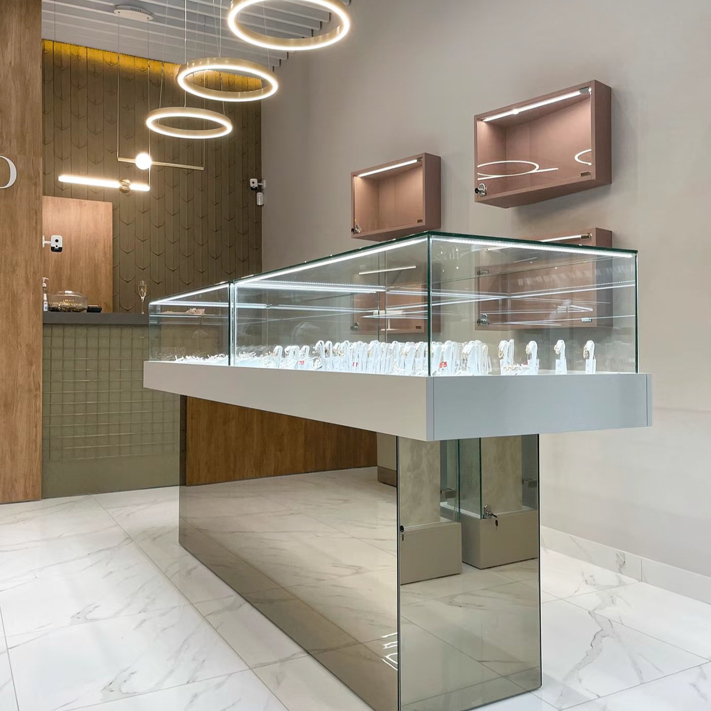 Customized Design Jewelry Showcase with LED Lighting and Adjustable Glass Shelves for Luxury Retail