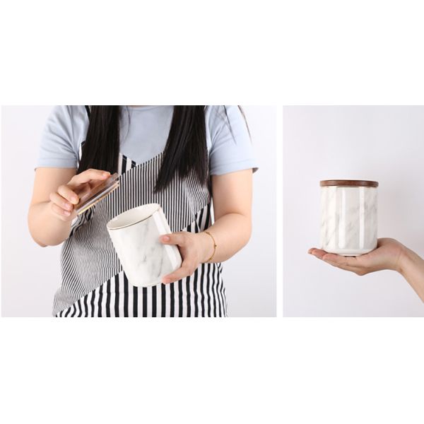 Luxury Home Scented Candles Ceramic Marble Wooden Wick Candle Jars With Metal Lids