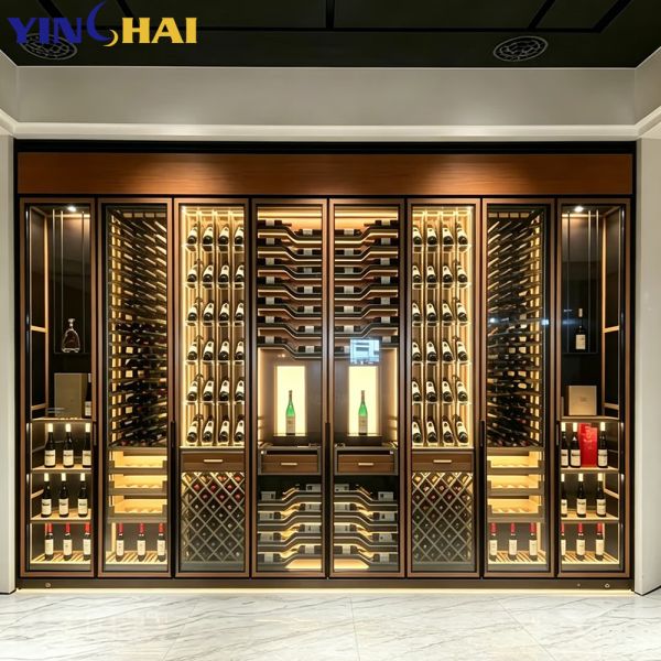 YINGHAI Home Bar Wine Cabinet with LED Light Glass Door & Multi-Tier Storage