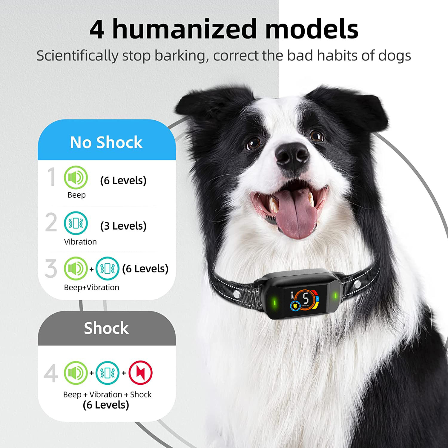 Smart Automatic Anti-Bark Dog Training Collar Rechargeable IP67 Rated Eco-friendly Plastic Vibrating Shock 20+ Hours Battery