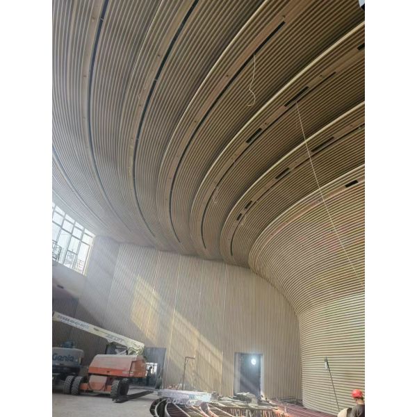 Museum 3D Radius Curved Metal Ceiling Baffle Soundproofing Woodgrain Wall Acoustic Panels