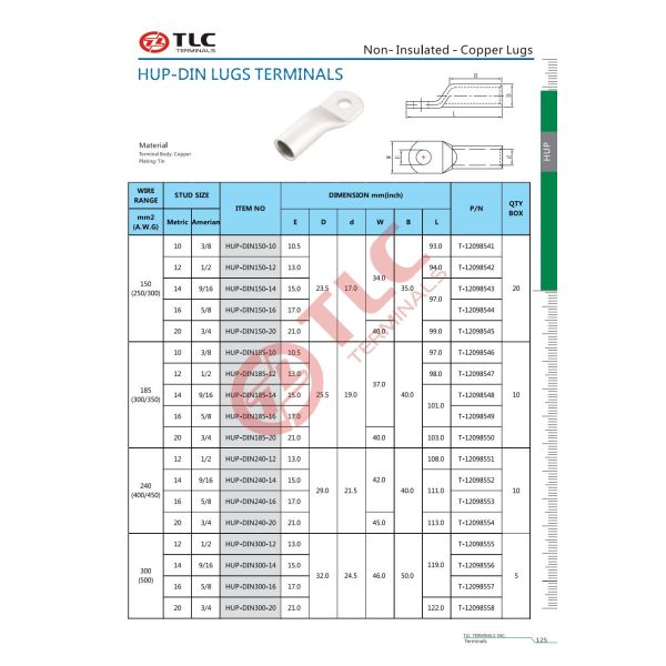 50-120mm2 Silver Color Mechanical Cable Lugs HUP-DIN Lugs Terminals High Current