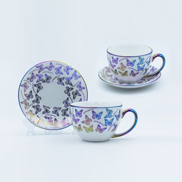 Memorable cup and saucer with electroplated and decal fired for souvenir store