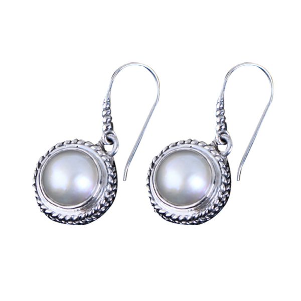 Vintage Sterling Silver Round Shell Pearl Bead Drop Dangle Earrings (060320)