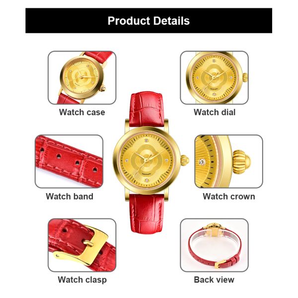 Изготовленный на заказ роскошный неподдельный кожаный золотой дозор кварца нержавеющей стали для дам
