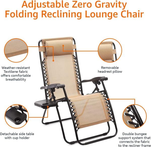 Outdoor Textilene Adjustable Zero Gravity Folding Reclining Lounge Chair With Pillow, 26, Beige