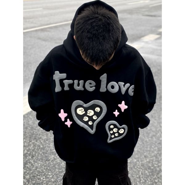 Winter High Street 3D Puff Printing Hoodies Black For Streetwear Colorful