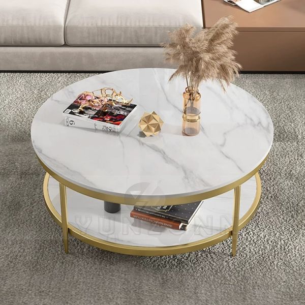Modern Luxury Round Coffee Table With Double Tempered Glass Metal Center Table for Home Hotel Villa Dining Living Room Use