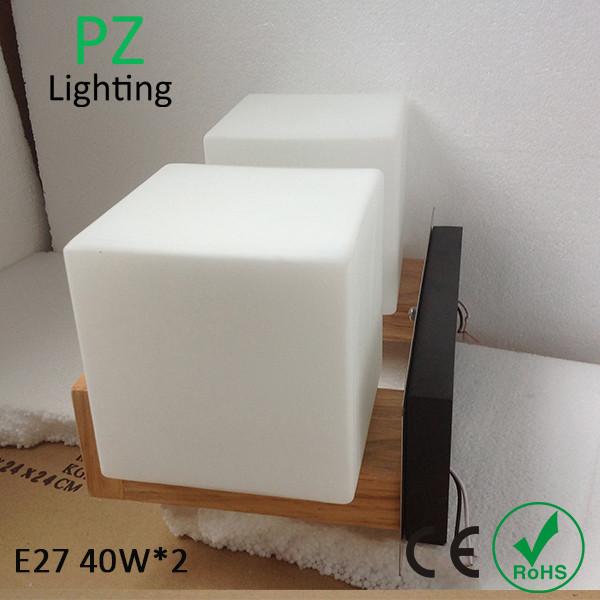 Two heads Natrual wood color Oak wood wall lamp E27 socket with white glass shade CE/ROHS