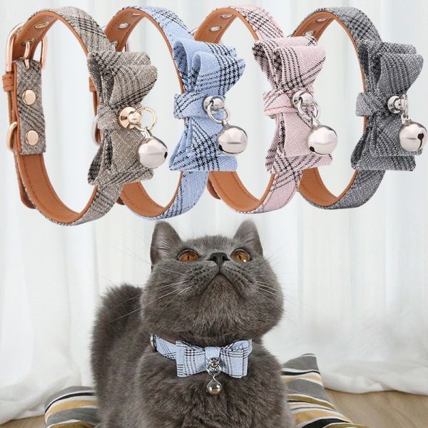 Polyester Fiber Pet Bowknot Dog Collar Oblique Stripe Cat Bell Collar