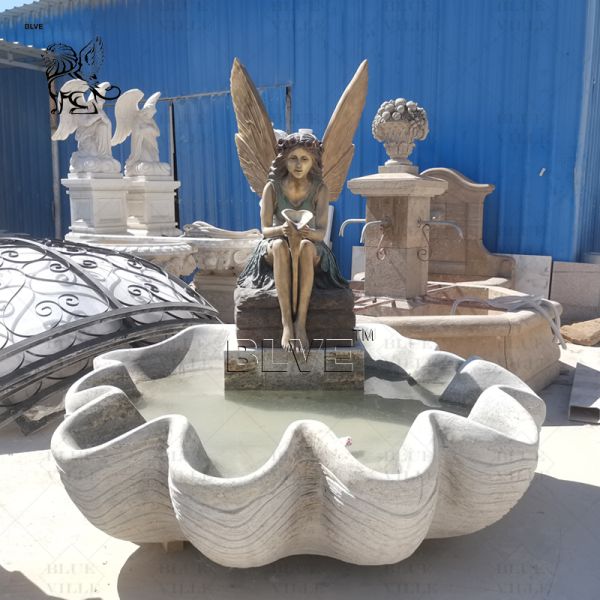 Brass Garden Fairy Statues Bronze Fountain Marble Shell Pool Fountains Metal Art Life Size Decorative Outdoor