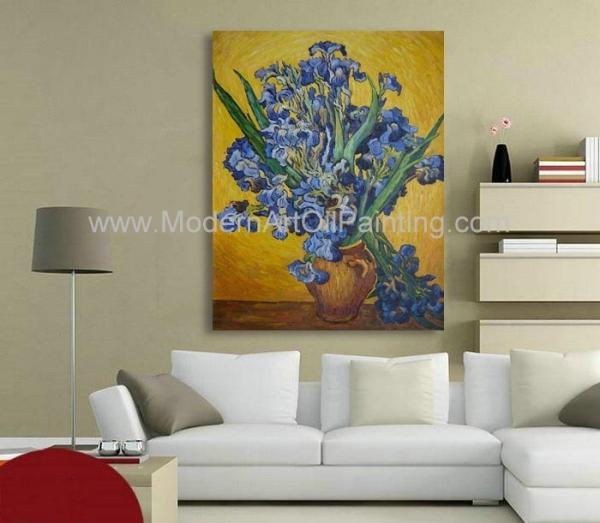 Custom Hand Painted Van Gogh Irises In Vase Against A Yellow Background