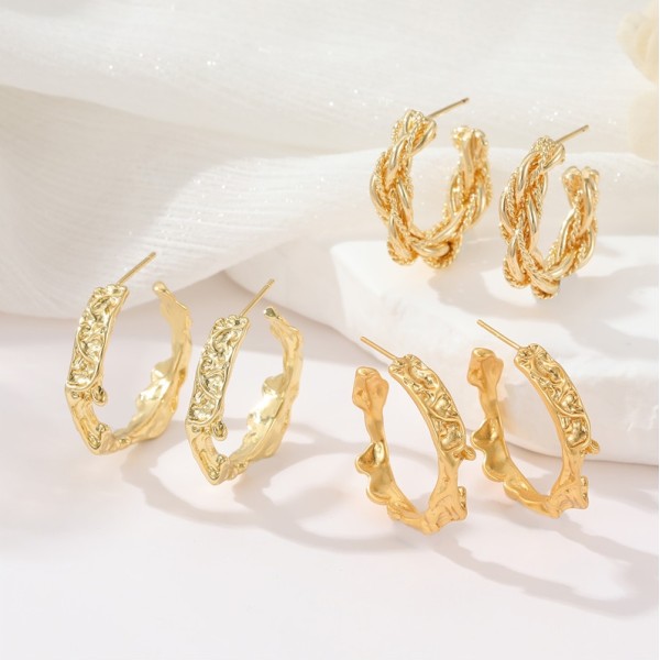 Popular Silver Needle Fashion C Ring Earring Vintage Old Gold Folded Irregular Women's Jewelry Earrings